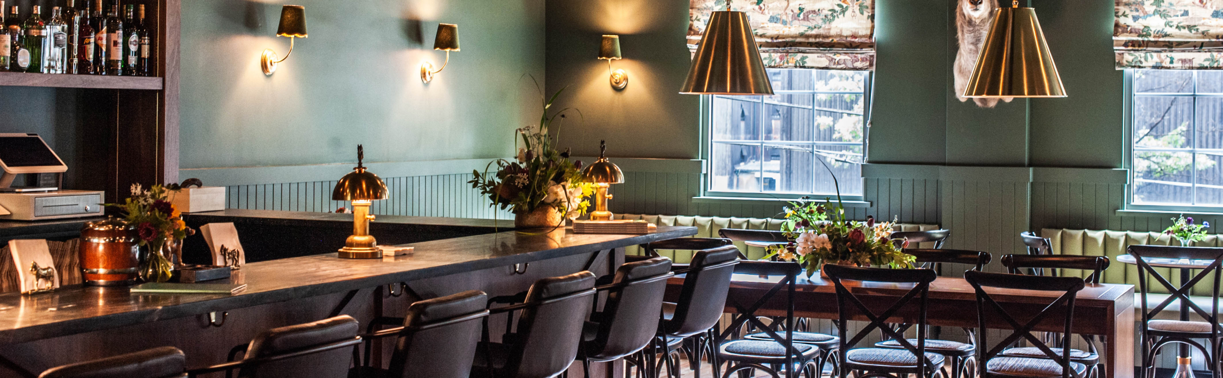 Well lit bar and dining room